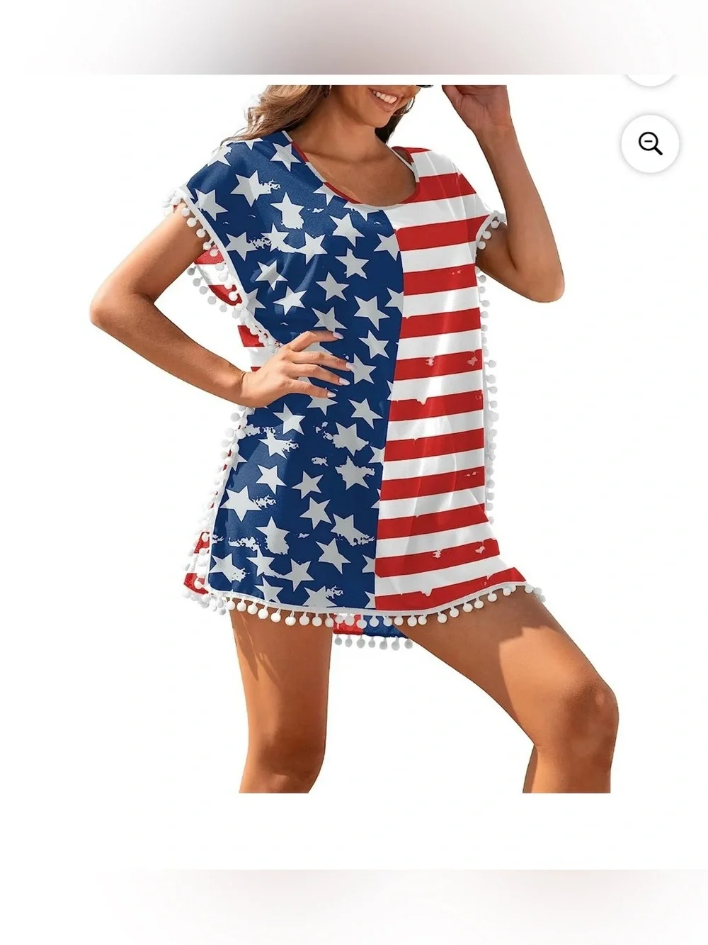 Patriotic Pom-Pom Swim Cover-Up Tunic, Red White Blue